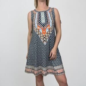 Blue & Orange Geometric Boho Print Mini Dress with Pockets